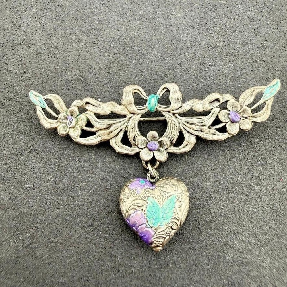 Floral Bow Heart Brooch Enamel Dangle Puffed Locket Victorian Art Nouveau Style